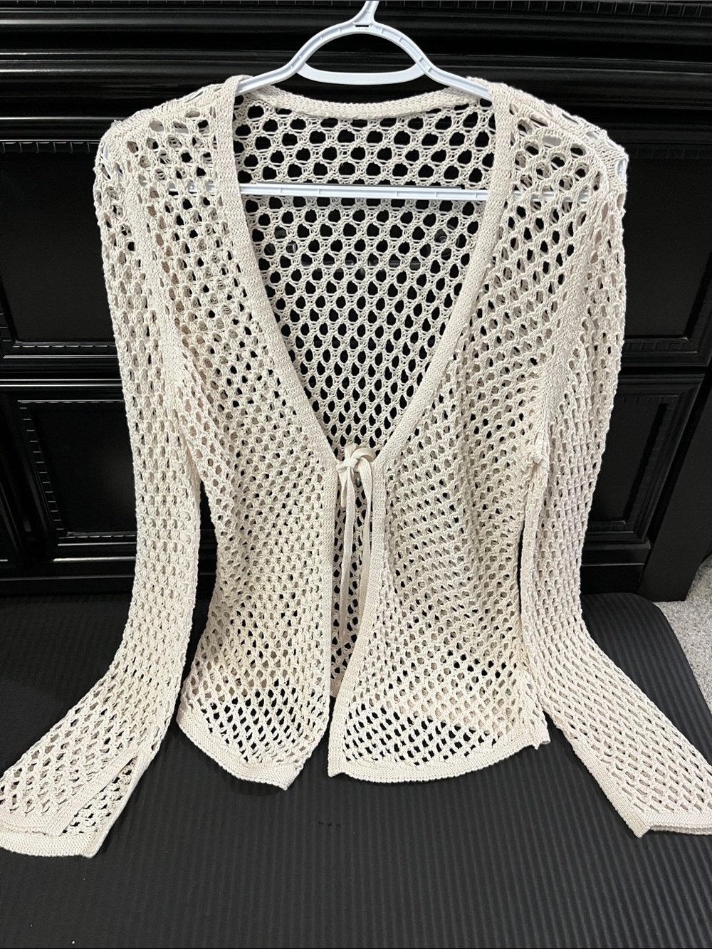 Open Weave Tie-Front Women's Sweater Cardigan - Cream